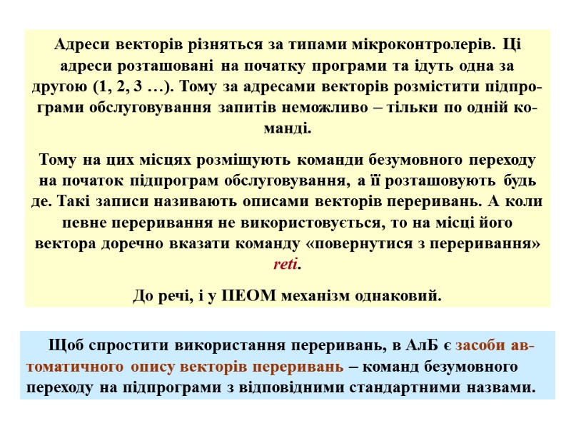 Адреси векторів різняться за типами мікроконтролерів. Ці адреси розташовані на початку програми та ідуть